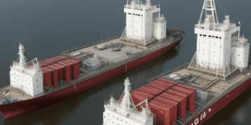 Two large cargo ships in the water near the proposed LNG Terminal in Louisiana.