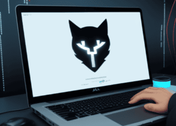 A person using a laptop with a cat logo on it investigates a potential ransomware attack involving Tipalti.