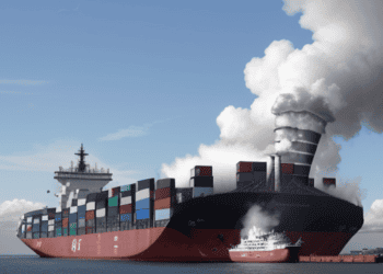 A container ship emitting smoke, facing criticism for failure to meet emissions targets set by the International Maritime Organization.