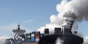 A container ship emitting smoke, facing criticism for failure to meet emissions targets set by the International Maritime Organization.