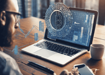Businessperson analyzing Bitcoin blockchain technology on laptop, showing charts and graphs. - Supply Chain News