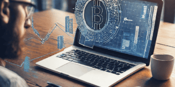 Businessperson analyzing Bitcoin blockchain technology on laptop, showing charts and graphs. - Supply Chain News
