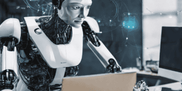 AI robot using laptop, showcasing advancements in AI technology for business operations. - Supply Chain News