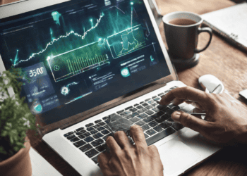 Person using laptop showing fintech data graphs, advancing sustainable economy. - Supply Chain News