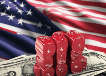 Red blocks representing US-China trade impact on Malaysian economy, set against US flag and dollar bills. - Supply Chain News