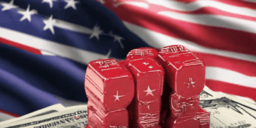 Red blocks representing US-China trade impact on Malaysian economy, set against US flag and dollar bills. - Supply Chain News
