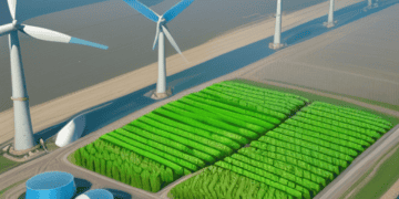 3D rendering of wind turbines in a field showcasing China's role in climate finance at COP28.