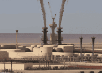 A 3D rendering of an oil refinery in Saudi Arabia.