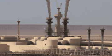 A 3D rendering of an oil refinery in Saudi Arabia.