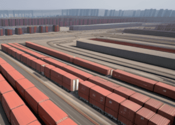 A 3D model of a container yard featuring export controls.