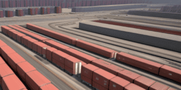 A 3D model of a container yard featuring export controls.