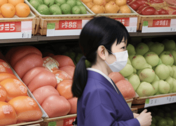 In a Japanese supermarket, a woman wearing a surgical mask navigates through the aisles amidst rising food prices due to inflation.