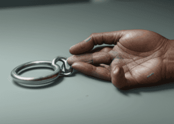 A hand holding a metal ring on a table, with a subtle reference to scams.