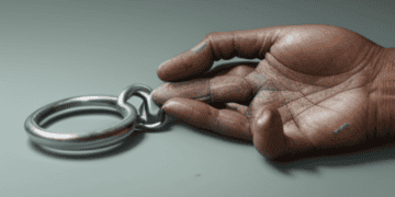 A hand holding a metal ring on a table, with a subtle reference to scams.