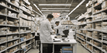 Two men in white lab coats strategizing in a large warehouse for post-pandemic export growth.