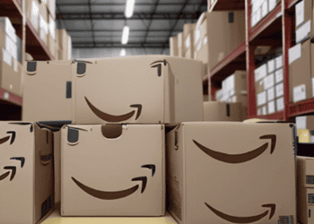 A stack of Amazon boxes in a warehouse in New York.
