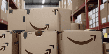 A stack of Amazon boxes in a warehouse in New York.