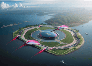 An artist's rendering of a futuristic space station featuring Tesla and Starlink Investments.