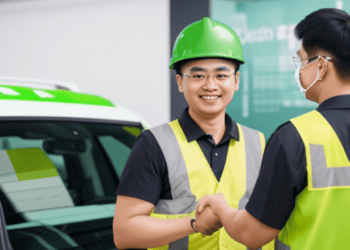 Two asian men shaking hands in front of a car to manage costs.