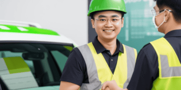 Two asian men shaking hands in front of a car to manage costs.