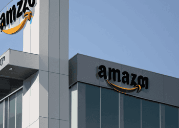 The Amazon logo is displayed prominently on top of a building.