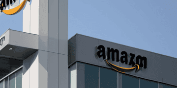 The Amazon logo is displayed prominently on top of a building.