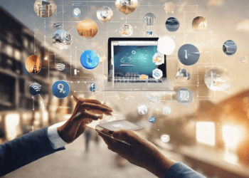 A businessman is Embracing the Evolving Landscape of Fintech through holding a tablet with various icons on it.