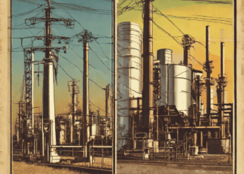 A comparative analysis poster displaying a power station and a power plant, providing insights into their impact on the global economy and energy prices.