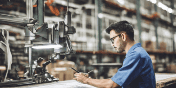 Factory worker reviewing inventory plans using a tablet. - Supply Chain News