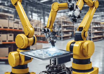 Two robotic arms in a warehouse interact with a tablet displaying data, showcasing automation in supply chain efficiency. - Supply Chain News