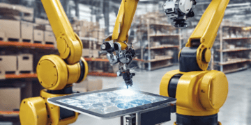Two robotic arms in a warehouse interact with a tablet displaying data, showcasing automation in supply chain efficiency. - Supply Chain News