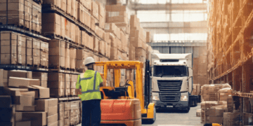 A worker in a warehouse with boxes and a forklift ensuring comprehensive visibility and supply chain resilience.