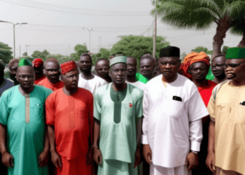 A group of men, representing Nigeria labor unions, standing next to each other in protest for a higher minimum wage from the government.