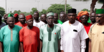 A group of men, representing Nigeria labor unions, standing next to each other in protest for a higher minimum wage from the government.