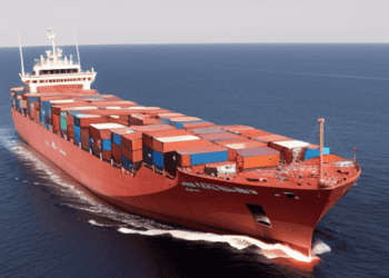 A massive red container ship sailing in the Red Sea, representing one of the Shipping Giants' operations.