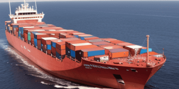 A massive red container ship sailing in the Red Sea, representing one of the Shipping Giants' operations.