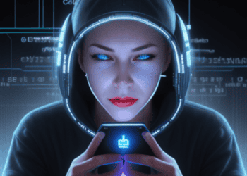 A woman in a futuristic hoodie holding a smart phone, portraying the essence of cyberattack.