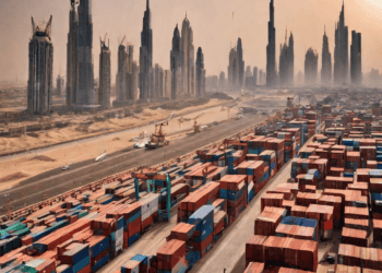 Aerial view of Dubai's port, showcasing numerous shipping containers and the city's skyline. Illustrates significant trade activity. - Supply Chain News