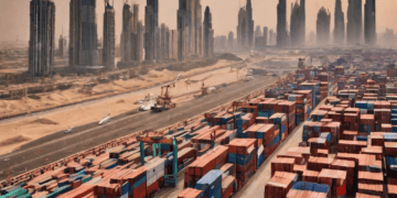 Aerial view of Dubai's port, showcasing numerous shipping containers and the city's skyline. Illustrates significant trade activity. - Supply Chain News