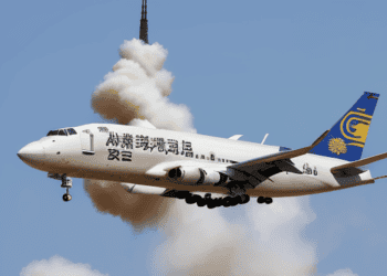 A plane traversing the sky while carrying goods affected by an import ban in the US, raising concerns about potential violations of human rights.