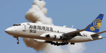 A plane traversing the sky while carrying goods affected by an import ban in the US, raising concerns about potential violations of human rights.