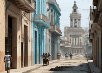 A street in Havana with a clock tower in the background, showcasing the city's aging infrastructure.