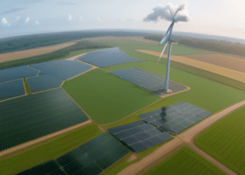 Renewed Push for Renewable Energy in Asia: An aerial view of a wind turbine and solar panels.