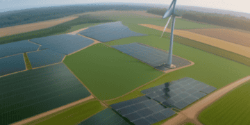 Renewed Push for Renewable Energy in Asia: An aerial view of a wind turbine and solar panels.