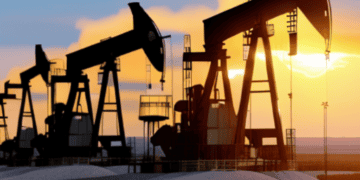 Oil pumps in the desert at sunset complement the thriving operations of oil companies as they extract fossil fuels, making significant investments in exploration efforts amidst fluctuating prices.