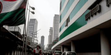 An Indian flag proudly flies in front of a building.