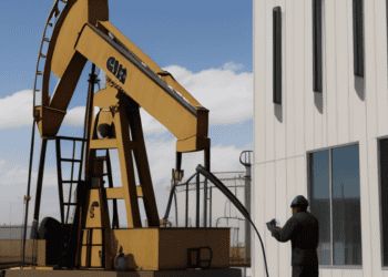 A man standing in front of an OPEC+ oil pump, working to stabilize oil prices.