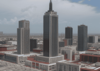 An aerial view of a city with tall buildings, strategically located in Mexico, a top nearshoring destination.