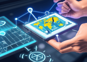 Hands interacting with a tablet displaying a world map, illustrating digital procurement and supply chain technology. - Supply Chain News