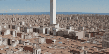 A 3d model depicting a cityscape featuring a tall tower, symbolizing the potential economic growth and modernization as advocated by New Leader Milei in his call for economic deregulation in